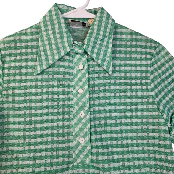 1970s Switchmates Small Gingham Pointy Collar Green Polo Shirt Deadstock Retro - Picture 2 of 9